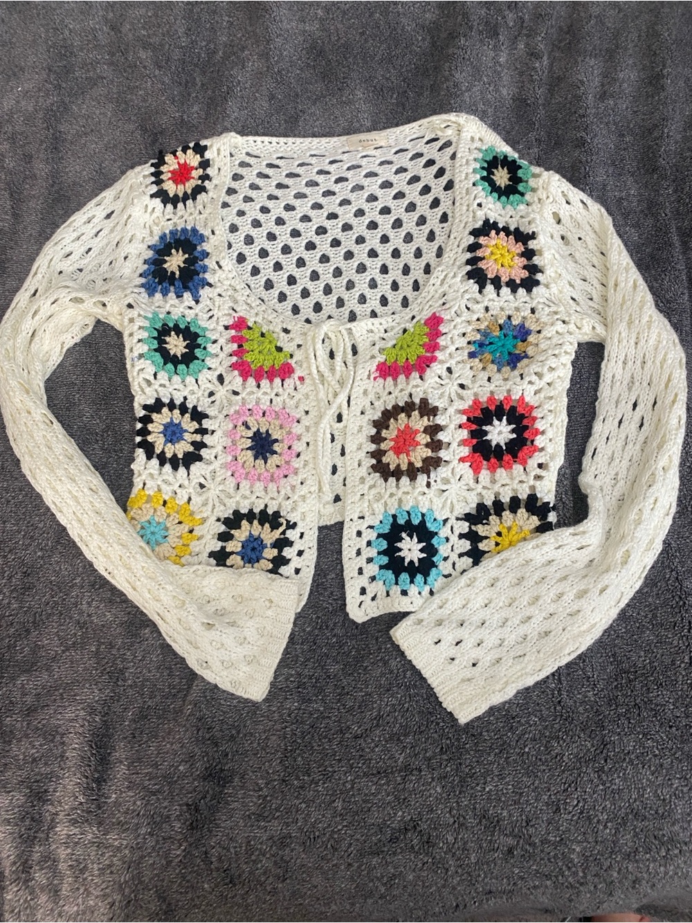 debut White Open-Knit Granny Square Crochet Sweater S